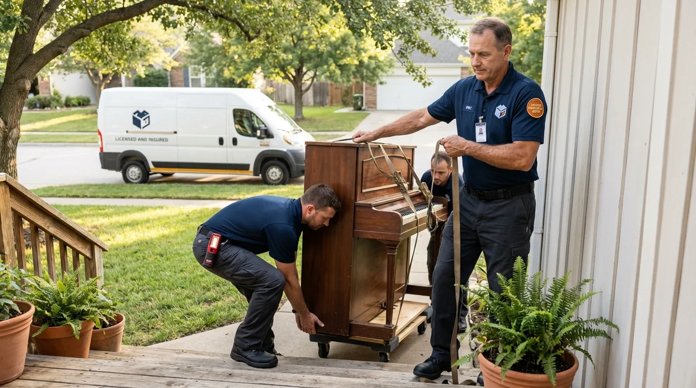 Licensed piano movers securing grand piano in Broken Bow, NE