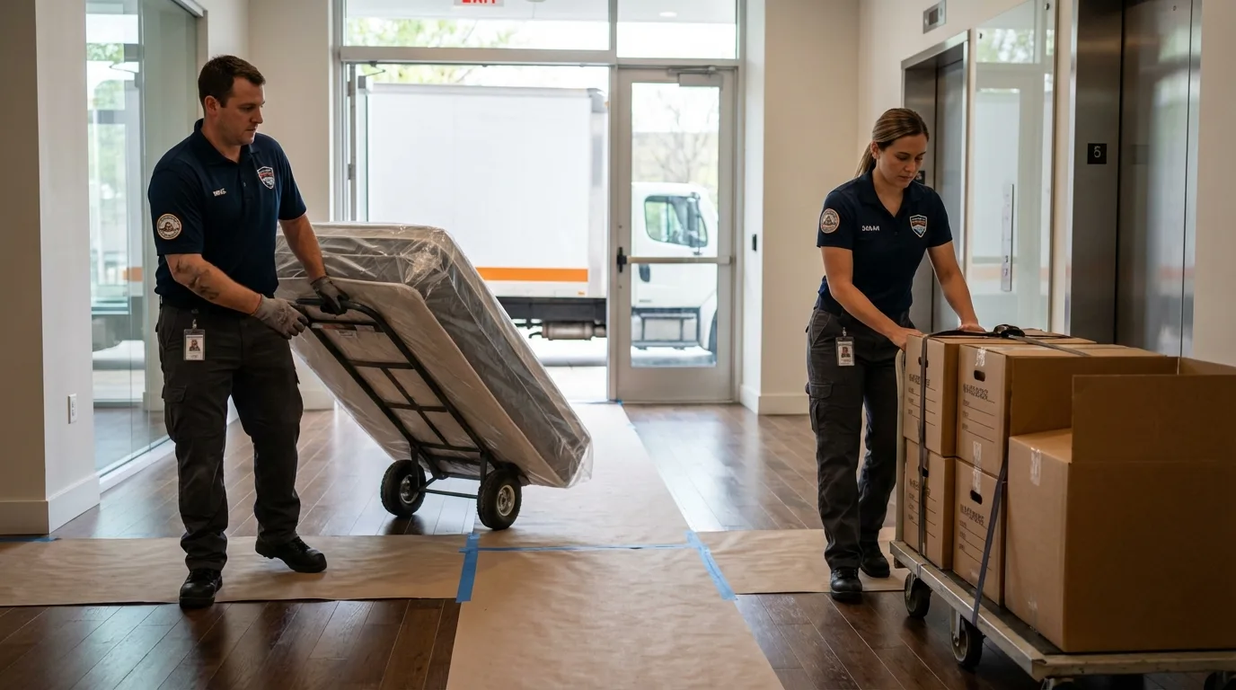 Professional apartment movers loading elevator in Broken Bow, NE